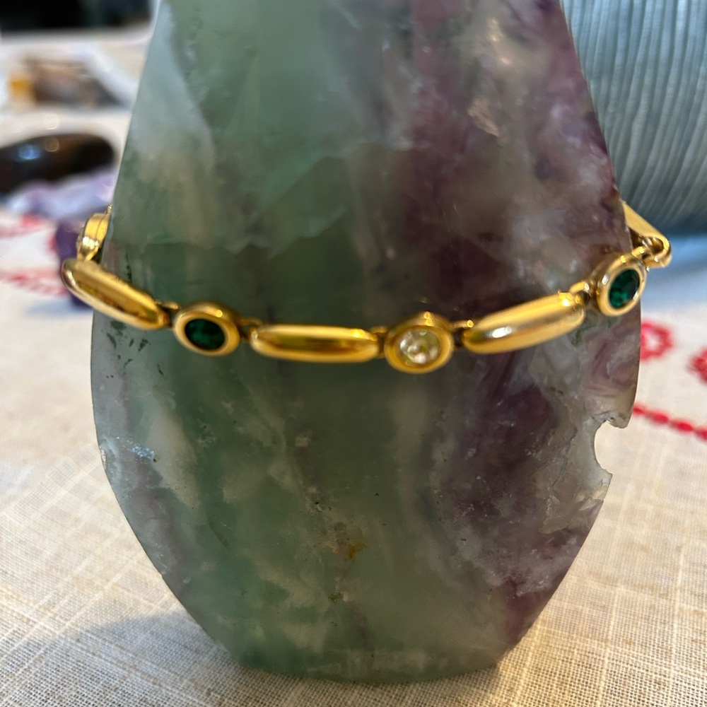 Source Unknown Gold Bracelet with Green and Clear Stones